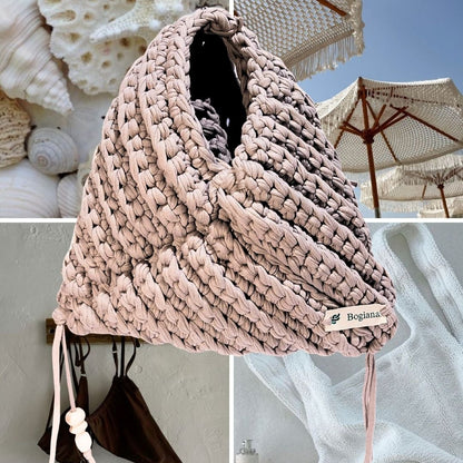 Collage of a pink knitted bag with tassels, beach umbrellas, and shells.